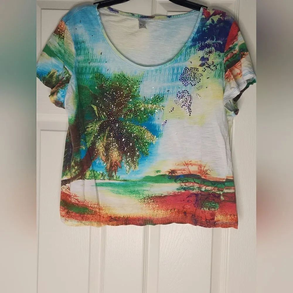 Thomas&Olivia XL Multicolored Beach Print Shrtsl Beaded 100% Cotton Women’s Top